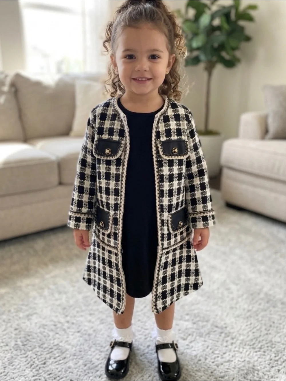 Blueberi Boulevard Girls 3T Black White Silver Trim Tweed Check Print Open Coat